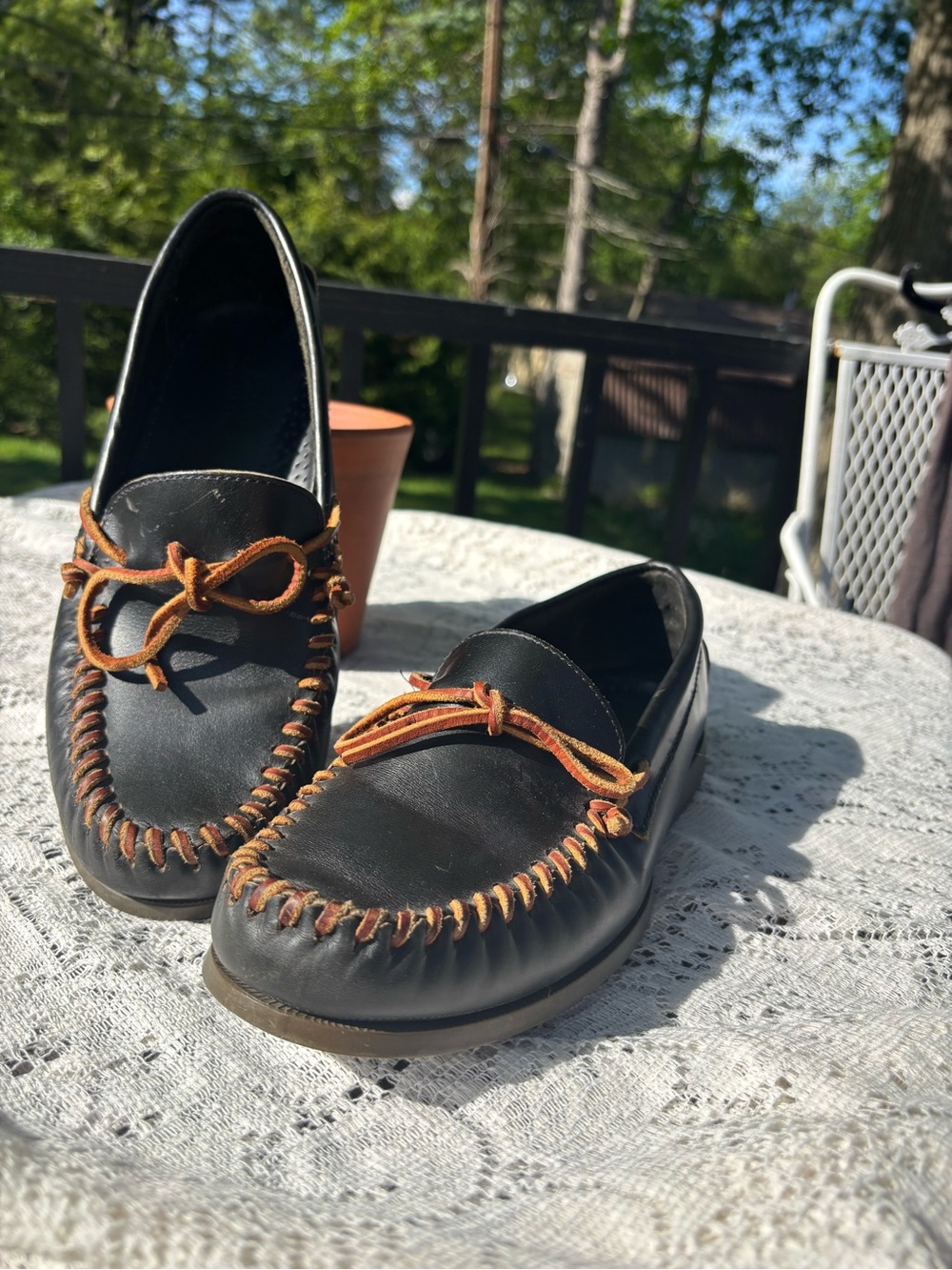 L.L. Bean Black Leather Moc Toe Slip-Ons with Brown Lacing